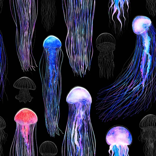 Pattern Seamless Jellyfishes Space Colorful Repeat Texture Wallpaper Illustration Night — Stock Photo, Image