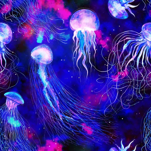 Pattern Seamless Jellyfishes Space Colorful Repeat Texture Wallpaper Illustration Night — Stock Photo, Image