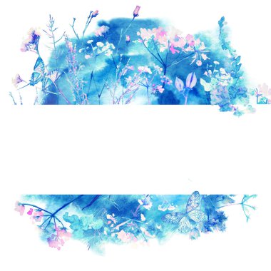 Çiçek ve Kuşlarla Mavi Suluboya tebrik kartı. Mesajınız için Yer ile Arkaplan. Bitki, Yabani Çiçekler, Dikdörtgen Çizimi