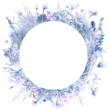 Çiçek ve Kuşlarla Mavi Suluboya tebrik kartı. Mesajınız için Yer ile Arkaplan. Bitki, kır çiçekleri, illüstrasyon