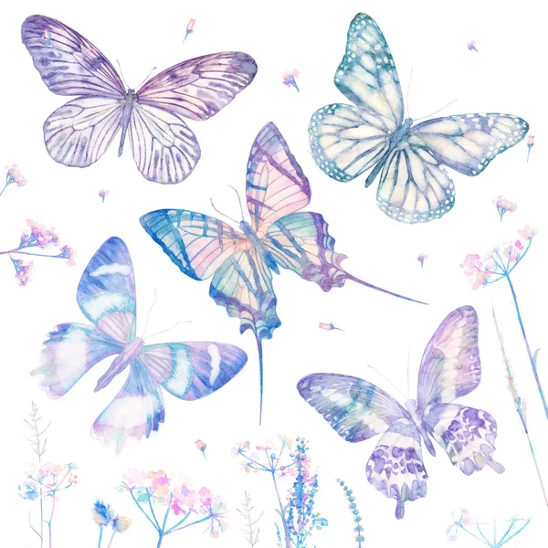 花と白い背景に隔離された水彩蝶 大きな花の明るいセット 抽象カラフルなイラストブルーアートコレクション — ストック写真