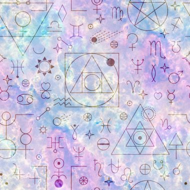 Esrarengiz desensiz doku simya, astroloji sembolleri ve işaretler, gezegenler, yıldız piktogramı. Büyü kutsal, esrarengiz, esrarengiz eski duvar kağıdı, ambalaj, kumaş, kağıt tekrar eden moda sanat tasarımı.