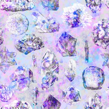Mineralli suluboya deseni, kristaller, değerli taşlar, mavi deniz taşları, mor, mor renkler. Kusursuz mermer arka plan, astroloji burç takımyıldızları. Parlak moda sanat dokusu