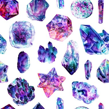 Mineralli suluboya deseni, kristaller, değerli taşlar, mavi deniz taşları, mor, mor renkler. Kusursuz mermer tekrar arkaplan. Parlak moda modası canlı çok renkli sanat dokusu