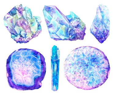 Suluboya mineraller, kristaller, değerli taşlar beyaz arka planda izole edilmiş mermer seti. Canlı bir set. Parlak tasarım elementleri. Doğal gerçekçi bir doku. Detaylı sanat çizimlerini elle boğ.