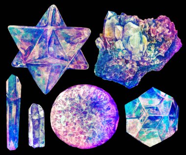 Suluboya mineraller, kristaller, değerli taşlar, siyah arka planda izole edilmiş mermer seti. Canlı bir set. Parlak tasarım elementleri. Doğal gerçekçi bir doku. Detaylı sanat çizimlerini elle boğ.