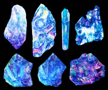 Suluboya mineraller, kristaller, değerli taşlar, siyah arka planda izole edilmiş taş mermer setler. Canlı bir set. Parlak tasarım elementleri. Doğal gerçekçi bir doku. Detaylı sanat çizimlerini elle boğ.