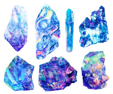 Suluboya mavi mineraller, kristaller, beyaz arka planda izole edilmiş değerli taşlar. Canlı bir set. Parlak tasarım elementleri. Doğal deniz taşları gerçekçi dokusu. Detaylı sanat çizimlerini elle boğ.