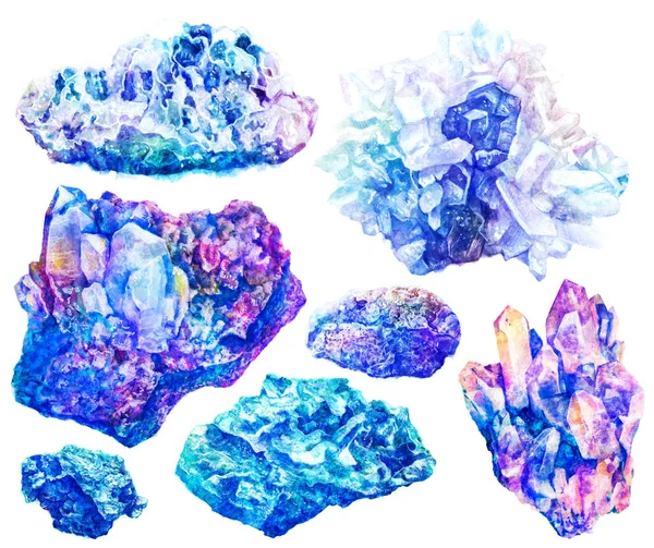 Aquarelle Bleu Minéraux Cristaux Pierres Précieuses Ensemble Marbre Isolé Sur — Photo