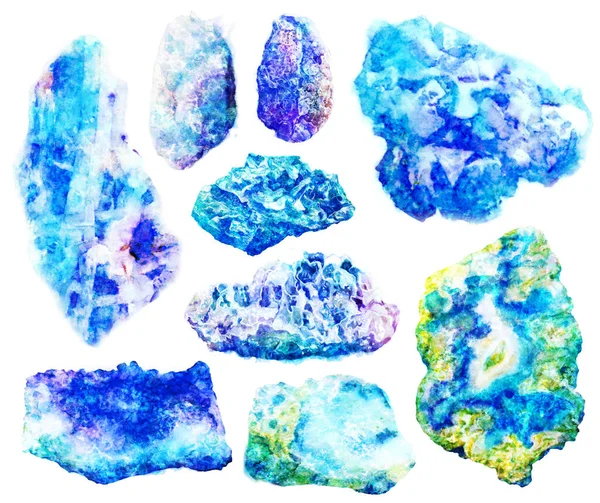 Akvarel Modré Minerály Krystaly Drahokamy Mramor Set Izolované Bílém Pozadí — Stock fotografie