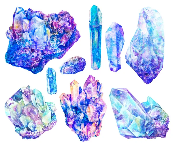 Aquarell Blaue Mineralien Kristalle Edelsteine Marmor Isoliert Auf Weißem Hintergrund — Stockfoto