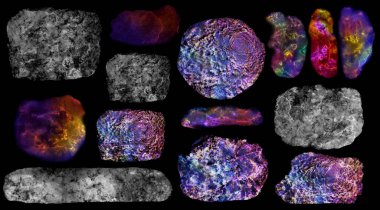 Siyah arka planda izole edilmiş asteroit sürüsü. Göktaşları soyut lekeler nesneleri boyar. Parlak canlı bir illüstrasyon. Metin için suluboya resim alanı.