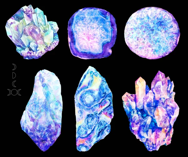 Akvarell Mineraler Kristaller Ädelstenar Stenar Marmor Som Isolerats Svart Bakgrund — Stockfoto