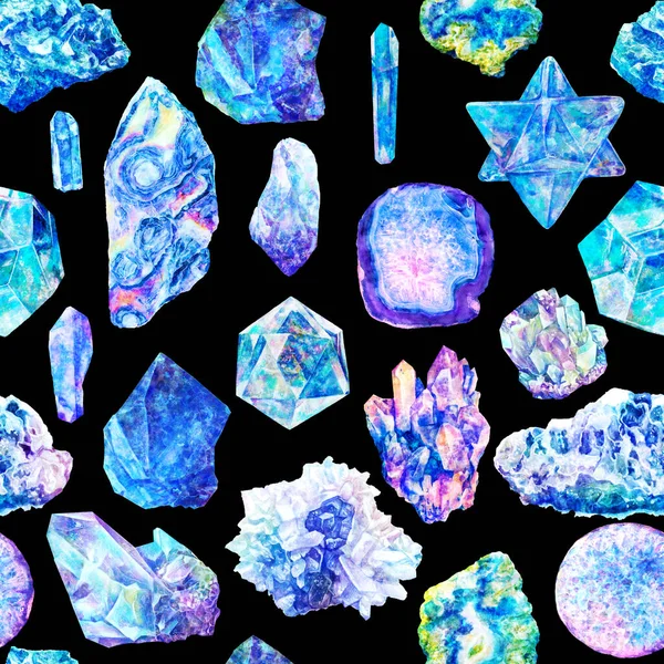 Aquarellmuster Mit Mineralien Kristallen Edelsteinen Meeressteinen Den Farben Blau Violett — Stockfoto