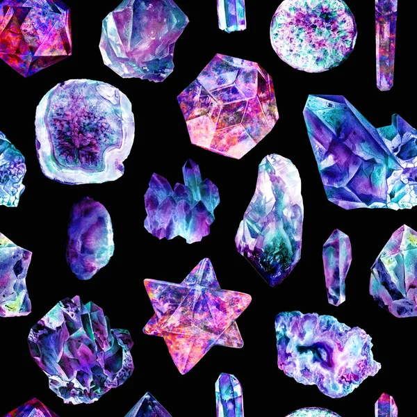 Акварель Минералами Кристаллами Драгоценными Камнями Морскими Камнями Синем Фиолетовом Фиолетовом — стоковое фото