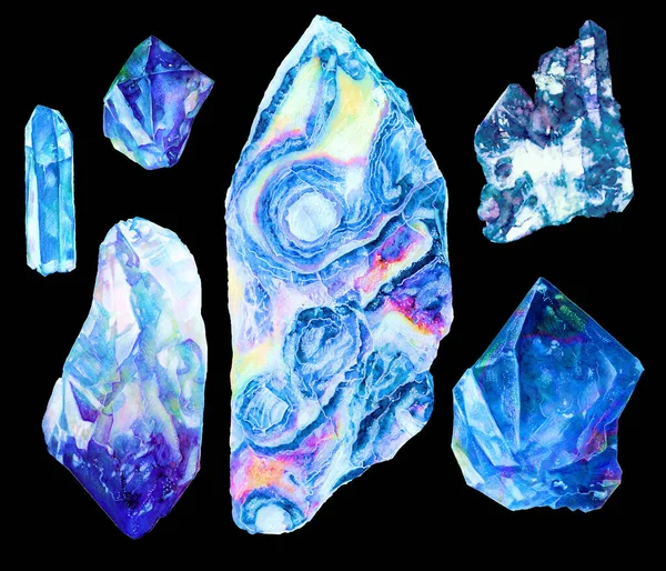 Akvarelové Krystaly Minerální Kameny Mramor Nastavit Izolované Černém Pozadí Živý — Stock fotografie