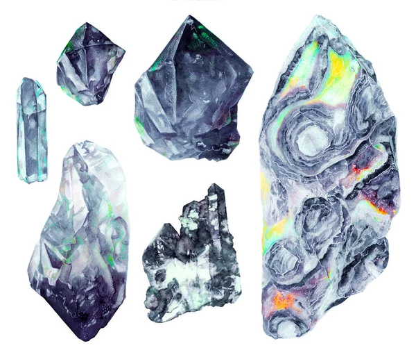 Aquarell Kristalle Mineralien Steine Marmor Gesetzt Isoliert Auf Weißem Hintergrund — Stockfoto