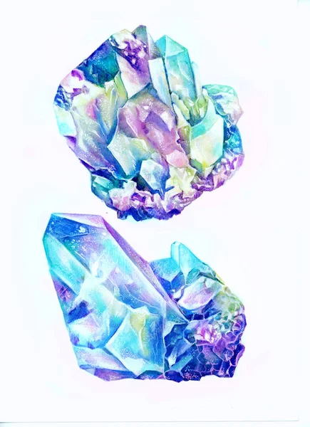 Akvarelové Magické Kameny Skála Minerály Krystaly Drahokamy Mramor Set Izolované — Stock fotografie