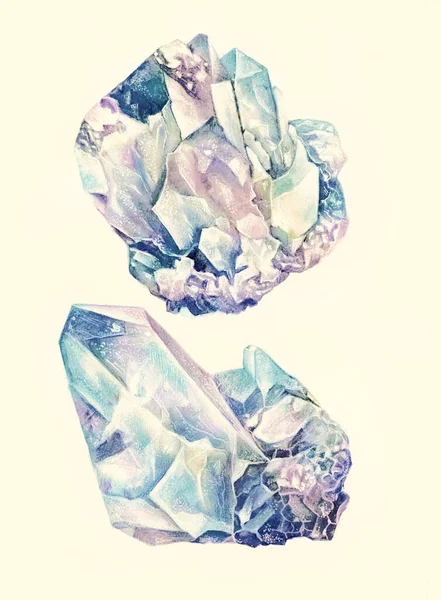 Akvarelové Krystaly Minerální Kameny Mramor Set Izolované Bílém Pozadí Tisknutelný — Stock fotografie