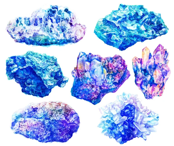 Aquarell Kristalle Mineralien Steine Marmor Gesetzt Isoliert Auf Weißem Hintergrund — Stockfoto