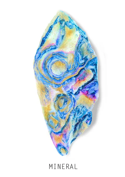 Niebieski Agat Kryształowy Kamień Mineralny Izolowany Białym Tle Akwarela Kolorowy — Zdjęcie stockowe