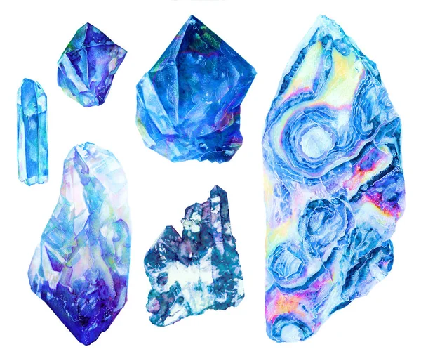 Watercolor Crystals Minerals Stones Marble Set Isolated White Background Printable — Stock Photo, Image