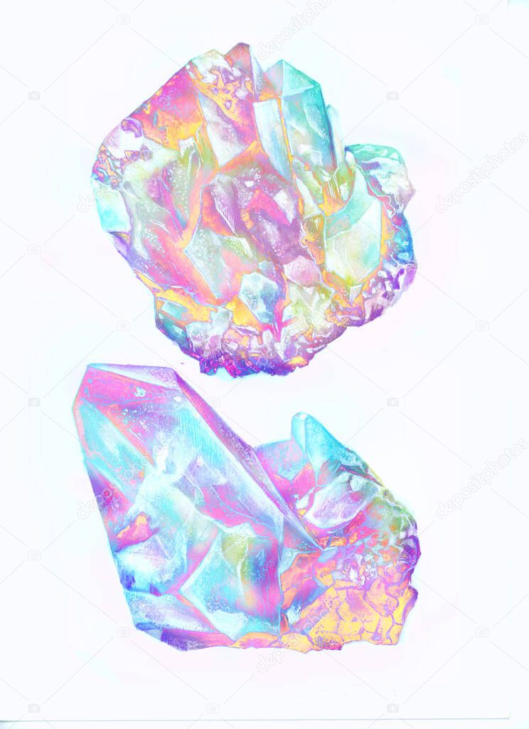 Watercolor magic stones, rock, minerals, crystals, gemstones marble set isolated on white background Vivid set. Bright design elements. Natural realistic texture Hand drown poster