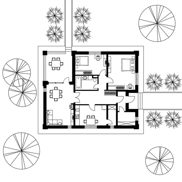 Plano arquitectónico de uma casa. O desenho da casa de campo. Isolado em fundo branco. Vetor ilustração preta — Vetor de Stock