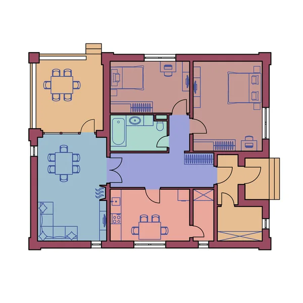 Planta arquitectónica de una casa. El dibujo de la cabaña. Edificio de una planta aislado sobre fondo blanco. Ilustración vectorial — Vector de stock