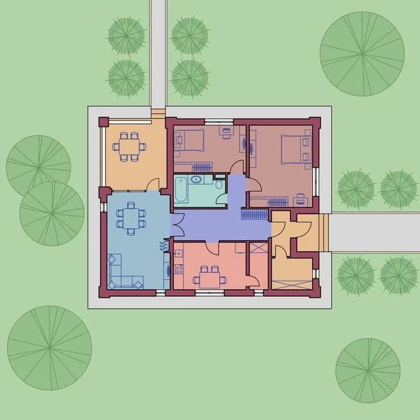 Pianta architettonica di una casa. Il disegno del cottage. Edificio di un piano sul terreno. Illustrazione vettoriale — Vettoriale Stock