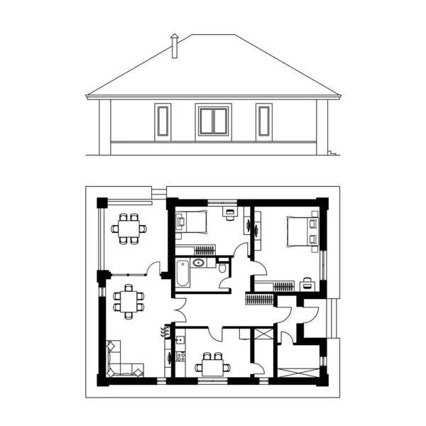 Fachada arquitectónica y plano de una casa. El dibujo de la cabaña. Aislado sobre fondo blanco. Vector ilustración en negro — Vector de stock