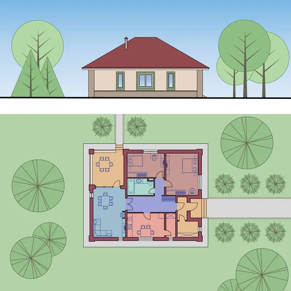 Facciata architettonica e pianta di una casa. Il disegno del cottage circondato da alberi. Illustrazione multicolore vettoriale — Vettoriale Stock