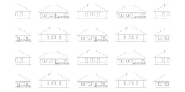 Бесшовный узор с архитектурными фасадами домов. Фон с рисунками коттеджей. Векторная чёрная иллюстрация. Используемая прозрачность
