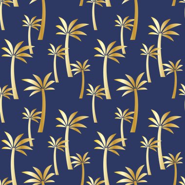 Mavi arka planda altın palmiye ağaçları olan pürüzsüz bir desen. Renkli resimleme