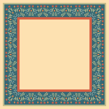 Kare çiçekli süslemeli dekoratif şablon. Yaban çiçekleri ve lalelerle dolu kutulu çiçek çerçevesi.