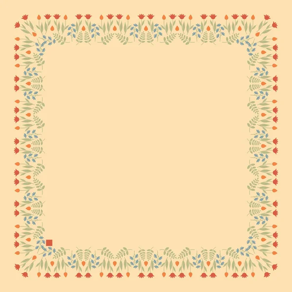 Decorative template with square floral ornament. Boxy floral frame with wild flowers and tulips. — 스톡 벡터