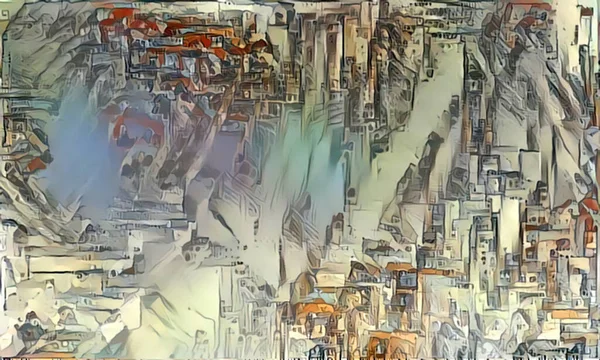 Abstraktní futuristické pozadí s akvarelovou texturou. Obrázek fantastického města — Stock fotografie