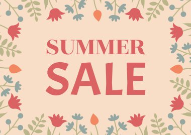 Yaz indirimi tasarımı. Çiçeksel dekoratif çerçeveli güzel renkli çizimler.