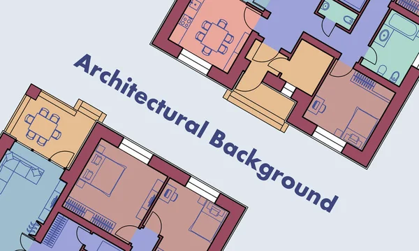 Contesto architettonico. Piani architettonici di edifici residenziali. I disegni di cottage. Illustrazione vettoriale colorata — Vettoriale Stock