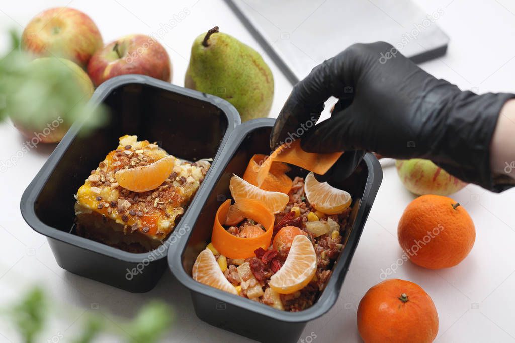 Box diet. Appetizing lunch boxes. Food delivered to your doorstep