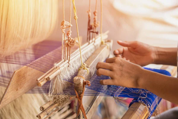 Wheel Spinning Yarn Yellow Thread Work Weaving Machine Thai Traditional — Stock Photo, Image