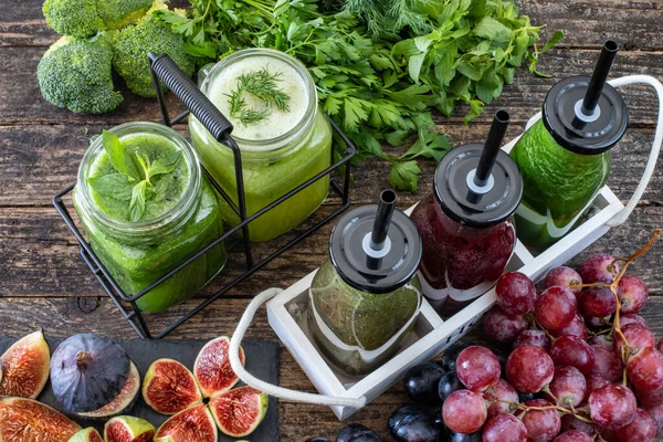 Detox Čerstvým Zeleninovým Džusem Zdravým Ovocným Džusem Antioxidační Potraviny — Stock fotografie