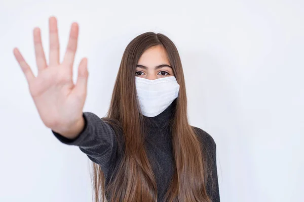 Front View Child Wearing Protective Mask Gesturing Stop Front White — Stock Photo, Image