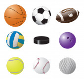 Barevný vektorová sada sportovních míčků obrázky: volejbal, basketbal, fotbal, americký fotbal, bowling, baseball, tenis, golf a hokejový puk