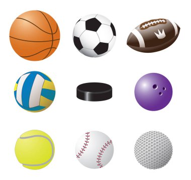 Renkli spor topu setleri: voleybol, basketbol, futbol, Amerikan futbolu, bowling, beyzbol, tenis, golf ve hokey diski