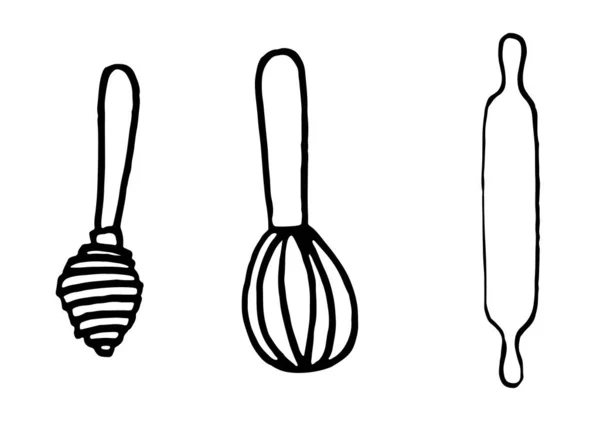 Ensemble Accessoires Cuisine Style Doodle Isolé Sur Fond Blanc — Image vectorielle