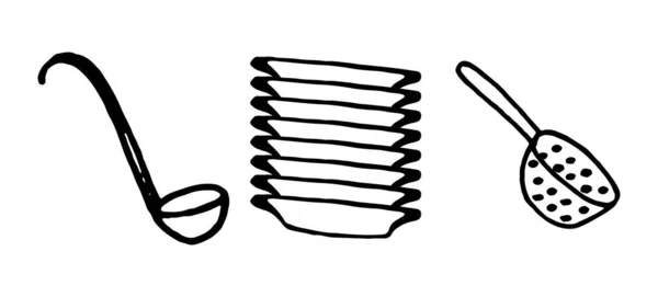 Set Keukenaccessoires Doodle Stijl Geïsoleerd Witte Achtergrond — Stockvector