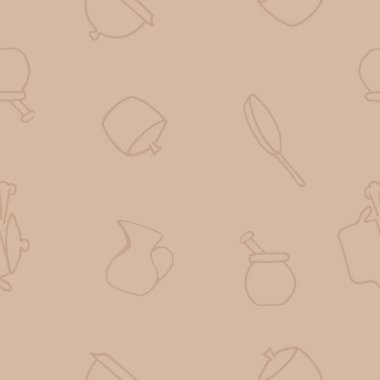 Kusursuz bir geçmişi var. Beyaz arkaplanda karalama tarzında mutfak aksesuarları var