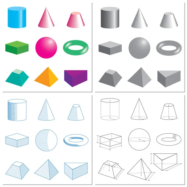 Conjunto Formas Geométricas Volumétricas Color Dibujos Esquemas Bocetos Ilustración Vectorial — Vector de stock