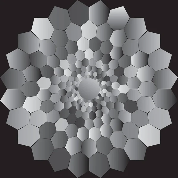 点線ハーフトーンベクトルスパイラルグレーパターンまたはテクスチャ 六角形のステップドット背景 — ストックベクタ